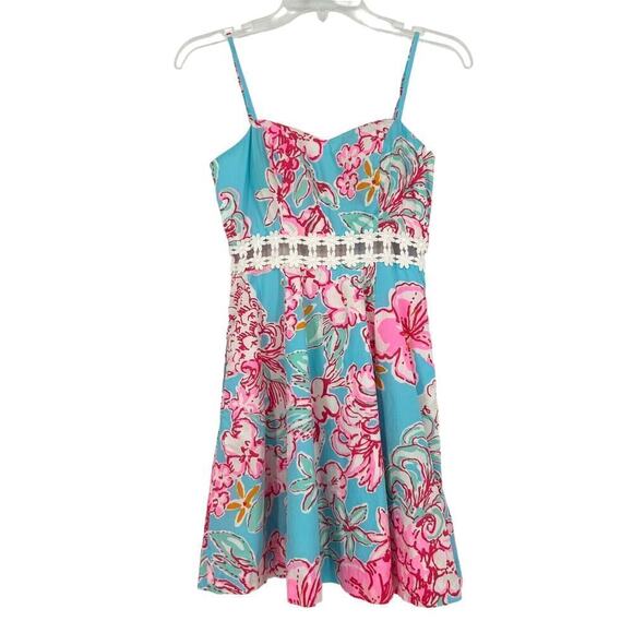 Lilly Pulitzer Lenore Lolita Dress Cutout Sunglow Breakwater Blue Print Size 00 - Picture 1 of 12